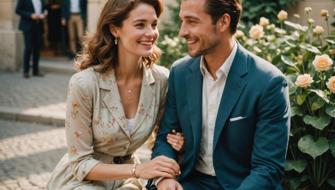 ¿Amor por karaoke? La historia viral que demuestra cómo una relación puede sanar tu vida A joyful, well-dressed couple at the center, in a sunlit Parisian setting, photorealistic editorial style, the man kneeling with a ring as the woman smiles with emotion, surrounded by subtle elements of vintage collectibles and soft plants, clean and bright atmosphere, main subjects sharply in focus and centered.