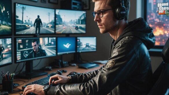 Un giro inesperado en GTA Online: el parche secreto de Money Fronts que lo cambió todo A photorealistic editorial-style image of a gamer in his 20s sitting at a modern desk, focused on playing GTA Online on a high-end PC, with multiple monitors displaying the game's interface and patch notes. Around him are vintage and modern consoles, LED lighting creates a cool gaming ambiance. The main subject is centered and in sharp focus, with clear details of the game on screen, capturing the vibe of an experienced gamer reacting to breaking news.