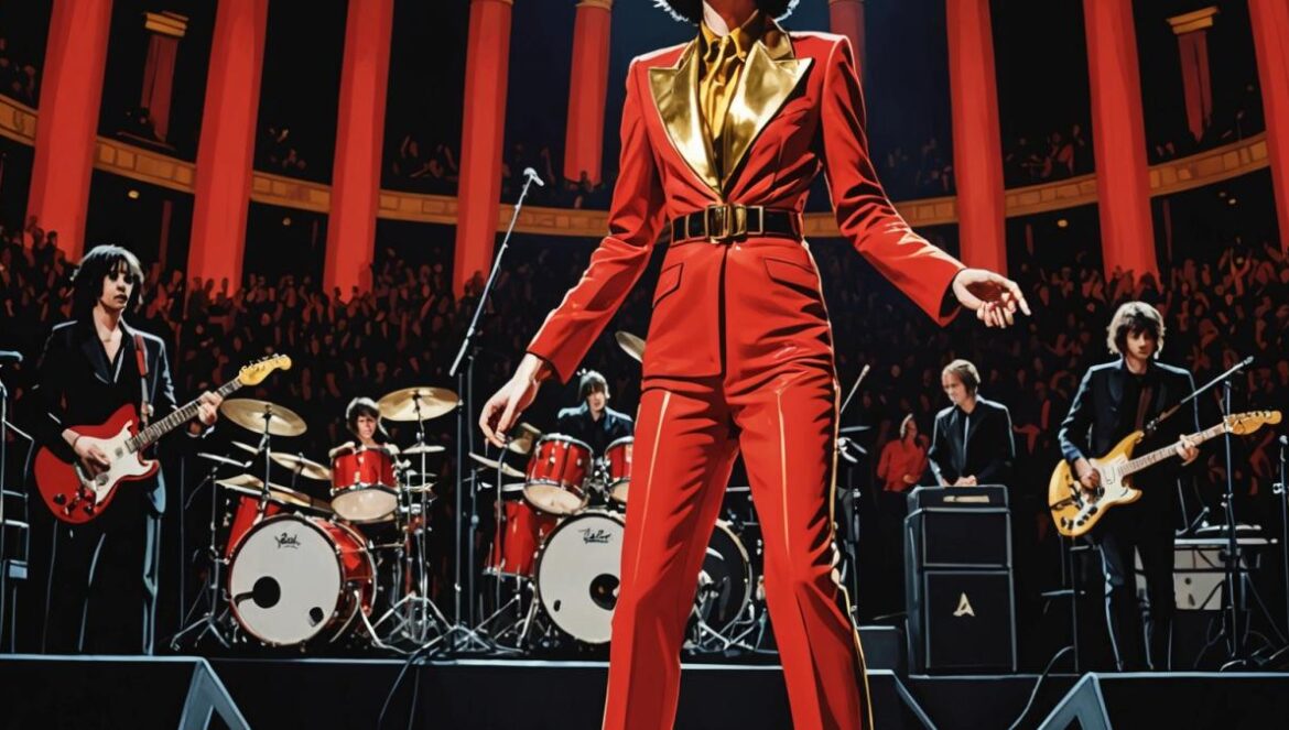 Yeah Yeah Yeahs 25 años después: cómo Karen O convirtió la vulnerabilidad en el nuevo punk que sigue inspirando a Gen Z Karen O of the Yeah Yeah Yeahs center stage at London's Royal Albert Hall, wearing a flowing red jumpsuit and gold boots, photorealistic editorial style. The grand, historic concert hall setting with dramatic lighting, her expressive posture captivating a diverse crowd of elder millennials in formal and rock-inspired attire. Focused composition: Karen O well-centered and sharply in focus, iconic band members and string section visible but secondary, subtle hints of emotion on faces, elegant atmosphere.
