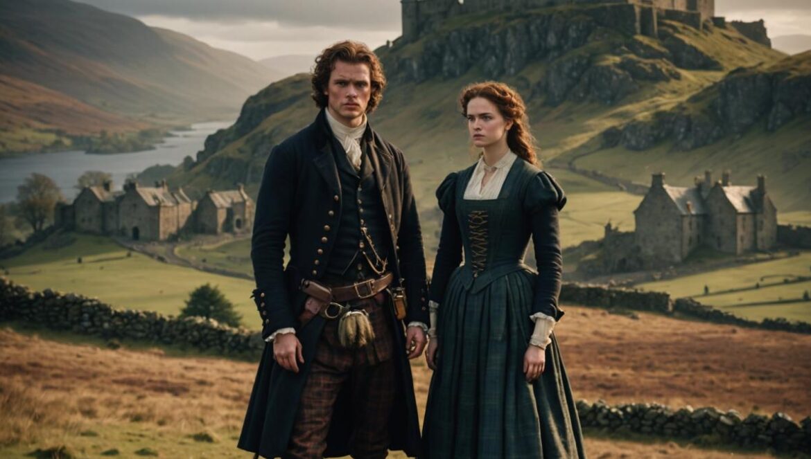 Outlander se expande: todo sobre “Blood Of My Blood”, el spin-off que conecta dos siglos de amor y guerra A dramatic scene set in early 18th-century Scottish Highlands, photorealistic editorial style, two young protagonists dressed in period clothing stand at the center, misty landscape with rugged hills and an ancient stone castle in the background, moody but warm lighting highlights their faces, historic props like tartan plaids and vintage lanterns visible, cinematic atmosphere, main characters sharply in focus and centered.