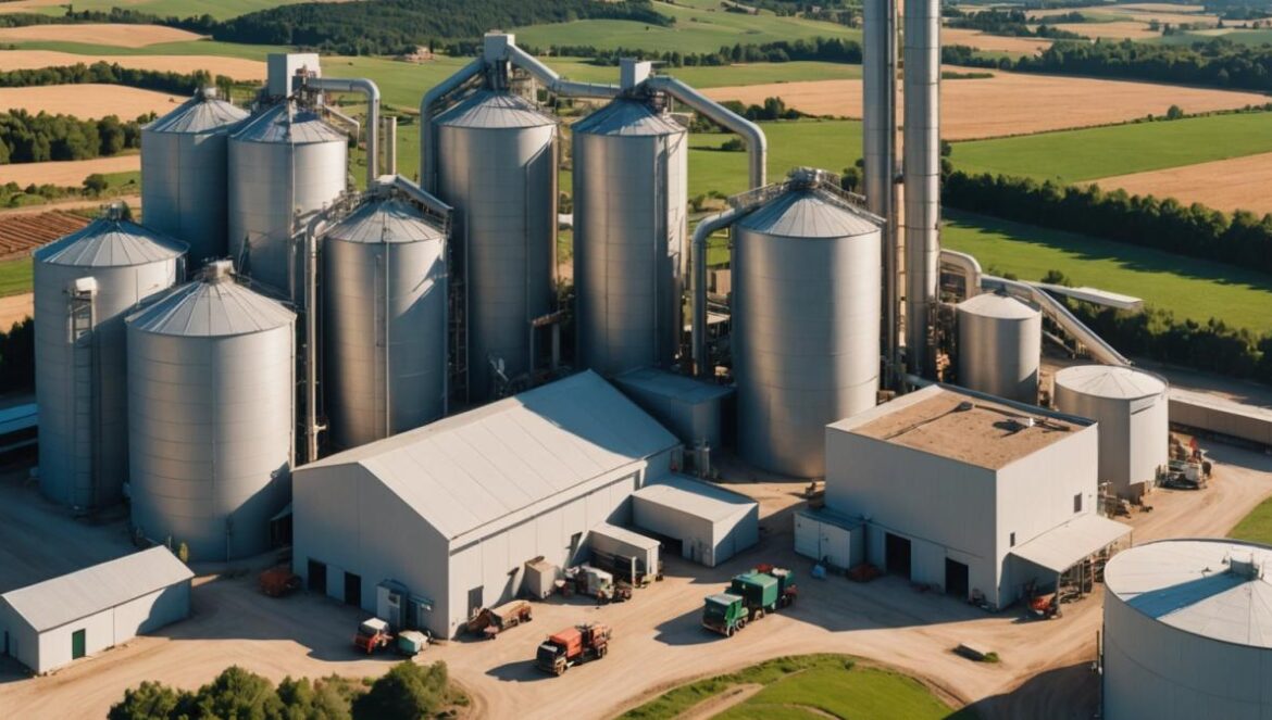¿Biomasa en Burgos? La solución energética que Europa pasa por alto (y ya funciona) A modern biomass plant in rural Spain, photorealistic editorial style, main building with wood pellet storage silos at the center, clean machinery, stacks of compressed wood pellets, vibrant workers in safety gear, sunlit background showing a small village and green forests, clear sky, main subject well-centered and sharply focused for an energetic and hopeful mood.