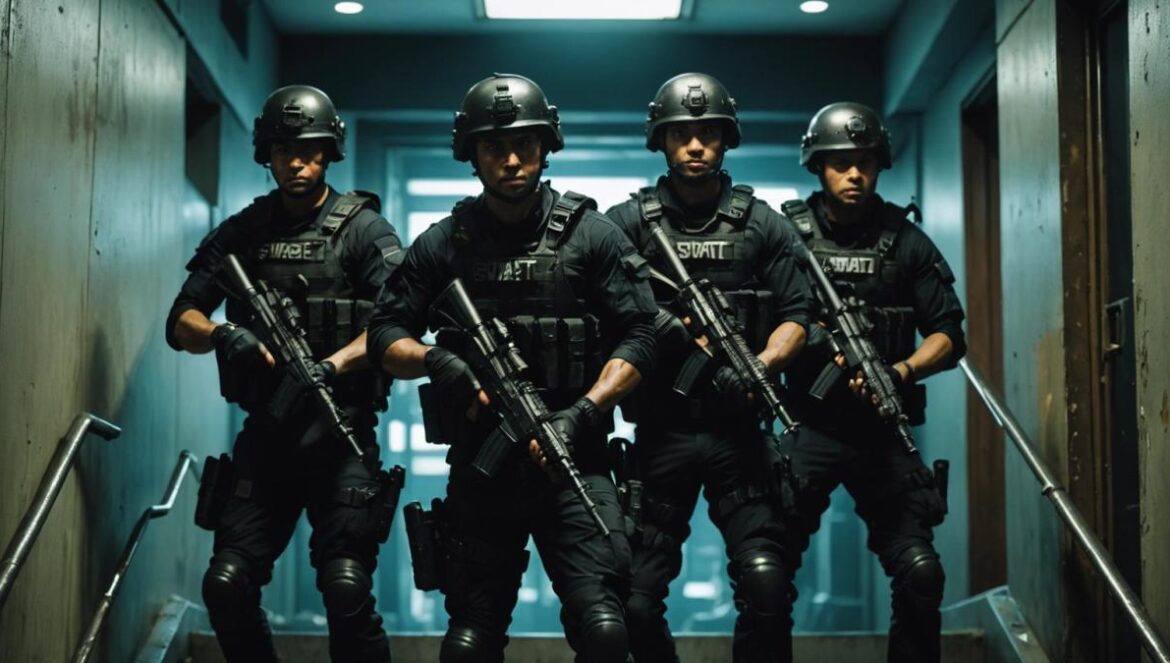 A tense scene inside a dimly-lit Jakarta high-rise, a group of focused SWAT officers in tactical gear advancing up a stairwell, photorealistic editorial style, gritty atmosphere with dramatic shadows and neon-lit windows, sharp focus on the central officer gripping his weapon, background blurred for intensity and cinematic effect.