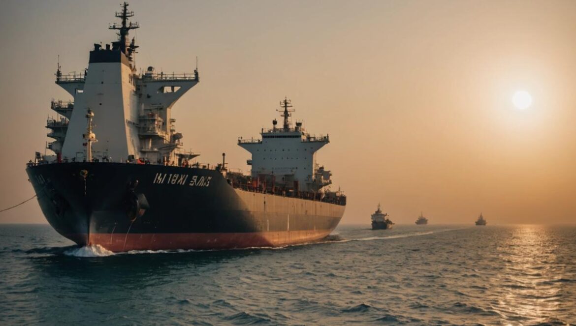 Ormuz en jaque: por qué los petroleros chinos dan la vuelta tras los bombardeos y qué significa para tu factura energética A massive oil tanker with Chinese markings slowly turning away from the narrow Strait of Hormuz, photorealistic editorial style, dramatic sunset lighting, tense mood with naval patrol boats and distant Middle Eastern coastline visible, main subject (oil tanker) centered and in sharp focus, subtle waves and reflections on the water.