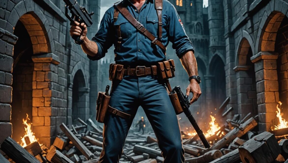 Bruce Campbell as Ash Williams in a dynamic pose with chainsaw hand and shotgun, center-focused in a dark medieval castle setting, photorealistic editorial style, dramatic lighting highlighting his expressive face, background filled with eerie undead figures and Gothic architecture, vivid details on Ash's rugged costume and fantasy props, main subject sharply centered and in focus.