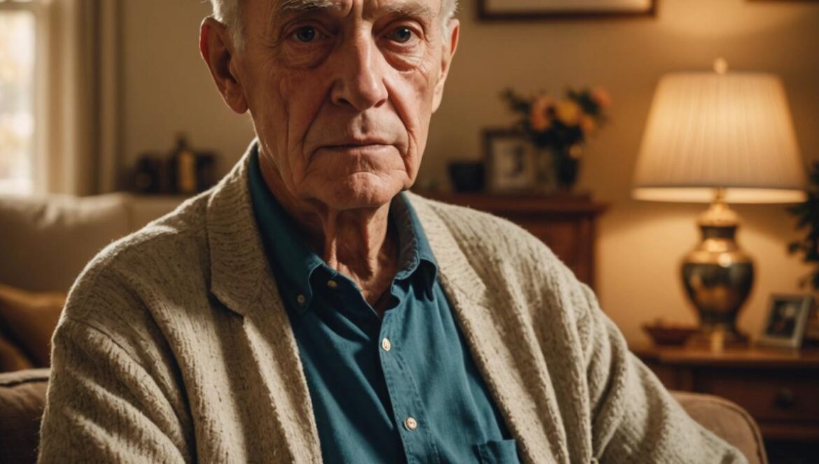 The Father: el drama que te mete en la mente y no te suelta An elderly man with expressive eyes sits at the center of a warmly lit living room, surrounded by subtle distortions in the background that evoke memory loss; photorealistic editorial style, emotional and intimate atmosphere, Anthony Hopkins-like figure in focus holding a vintage photo frame, soft golden lighting casting gentle shadows, clean background emphasizing both comfort and subtle disorientation.