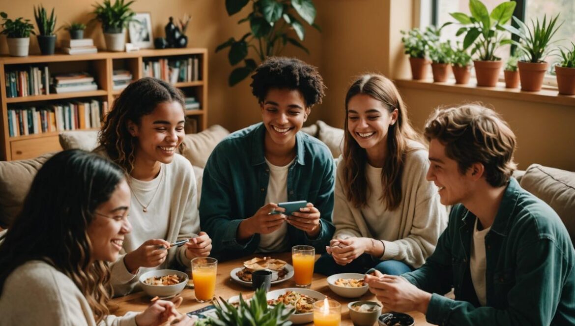 Mucho más que memes y crisis: la Generación Z está cambiando el juego del bienestar A diverse group of Gen Z young adults in a cozy, plant-filled apartment, laughing and sharing healthy snacks around a small table with second-hand decor items, photorealistic editorial style, warm natural lighting, visible books and smartphones on the table, main subjects centered and in sharp focus for a vibrant yet intimate atmosphere.