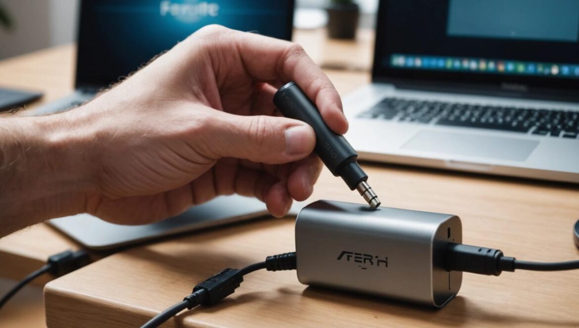 ¿Para qué sirve ese cilindro en tu cargador? El secreto de la ferrita explicado fácil A close-up shot of a hand holding a laptop charger cable, with the ferrite cylinder clearly centered and in sharp focus, photorealistic editorial style, modern indoor tech workspace in the background with laptops and gadgets, natural daylight, slight depth of field to emphasize the ferrite core, clean and tidy environment.