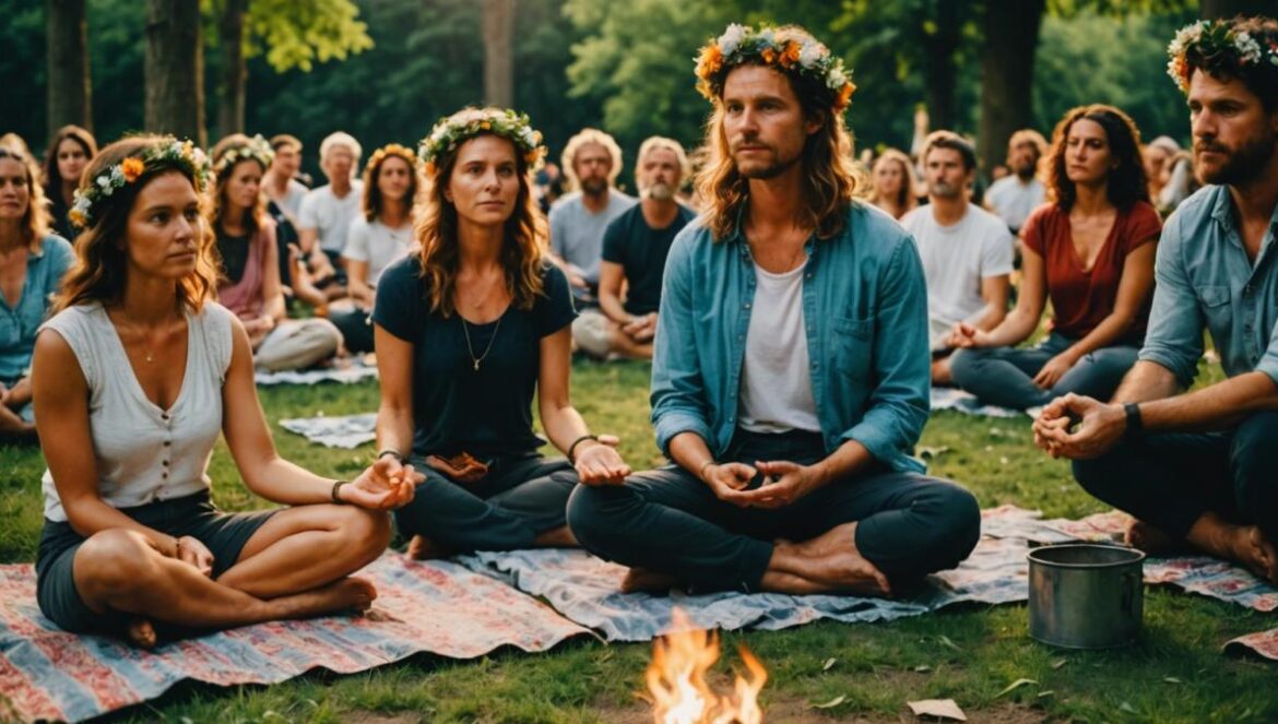 Solsticio de verano 2025: rituales modernos (y con ciencia) para aprovechar la energía del día más largo del año A vibrant summer solstice celebration at dawn in a lush park, editorial photorealistic style, people gathered around a small bonfire performing mindful rituals, diverse ages and styles, yoga mats, flower crowns, sunlight filtering through trees, main group well-centered and sharply focused, lively yet tranquil atmosphere.