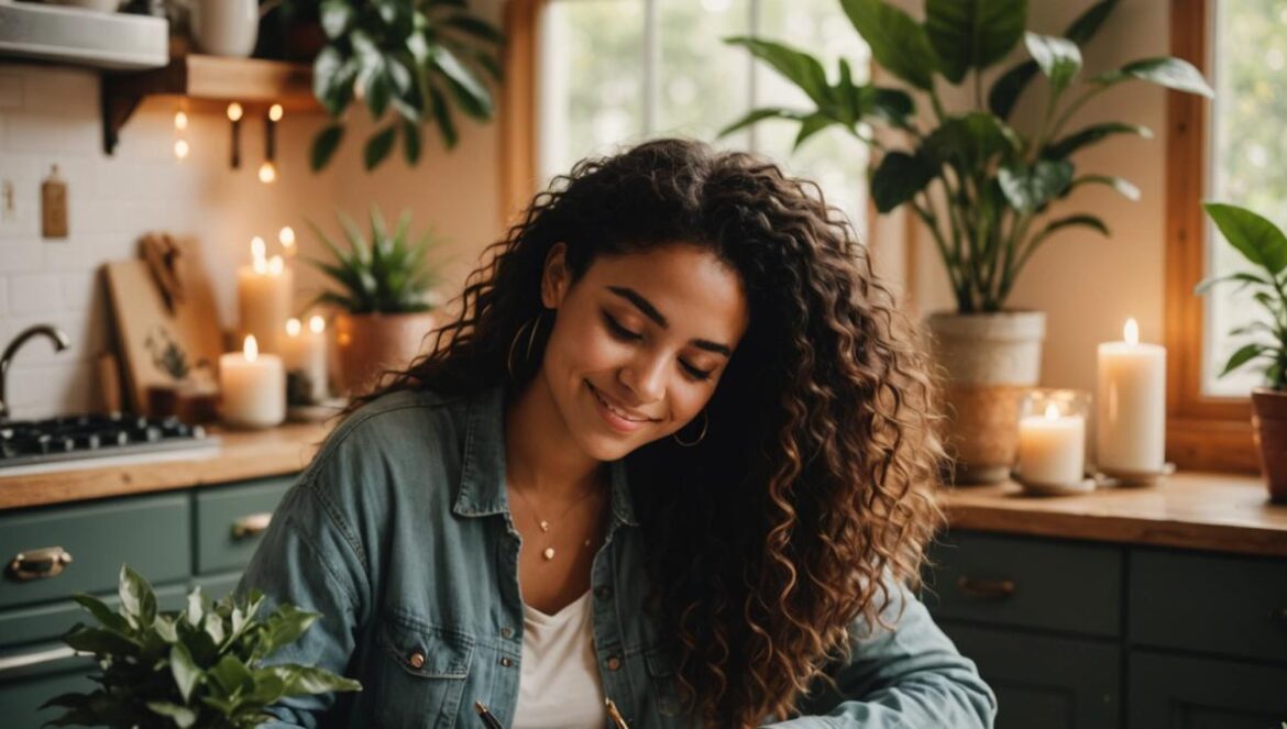 ¿Y si cambiar una sola palabra pudiera mejorar tu bienestar? A young Latina woman sitting at a cozy table with plants and candles, smiling while writing positive affirmations in a journal, photorealistic editorial style, warm morning light, books and a cup of tea beside her, the scene is centered on her thoughtful expression and calm atmosphere, clean background with subtle home decor details.
