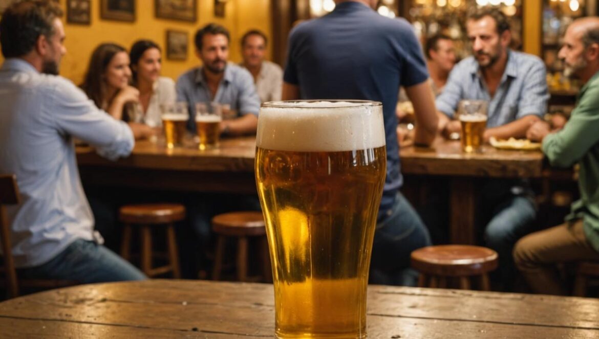 ¿Por qué en Cádiz bebemos menos cerveza… justo cuando hay más turistas que nunca? A busy Spanish bar in Cádiz, central focus on a half-empty beer glass on a rustic wooden table, with blurred locals and tourists in the background, photorealistic editorial style, warm evening lighting, visible traditional tapas plates and vibrant market atmosphere. Main subject—the beer glass—well-centered and sharply in focus, lively and authentic environment.
