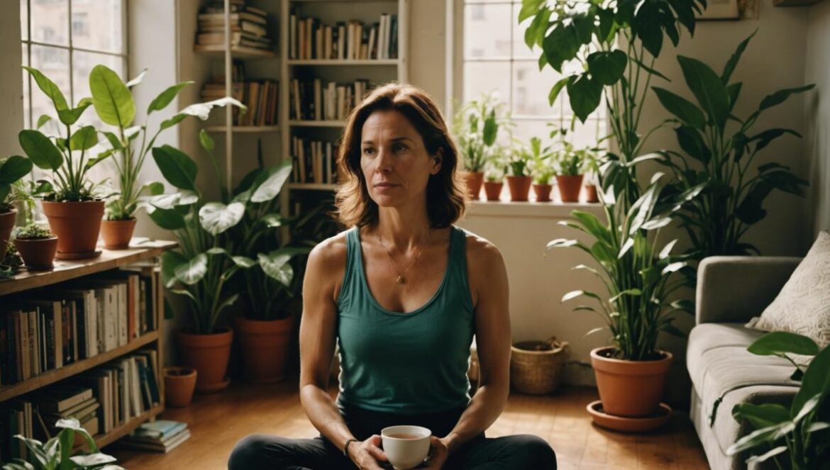 ¿Por qué tu cuerpo cambia a los 44 y a los 60? A thoughtful woman in her early forties sits in a sunlit Buenos Aires apartment surrounded by lush indoor plants and stacks of personal development books, holding a cup of herbal tea, editorial photorealistic style, calm and reflective mood, soft natural lighting, main subject centered and in sharp focus with clean background details like yoga mat and scented candles.