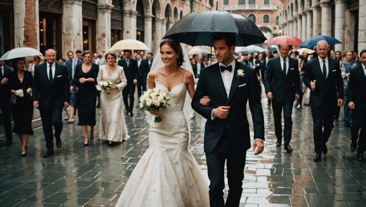 La boda de Jeff Bezos en Venecia termina pasada por agua… y por polémica A glamorous, rain-soaked wedding entrance in Venice, Italy, photorealistic editorial style, a lavishly dressed couple hurrying under umbrellas, surrounded by high-profile guests like celebrities in elegant attire, dramatic cloudy sky and wet cobblestones reflecting city lights, well-centered main subjects in focus with iconic Venetian architecture as backdrop.