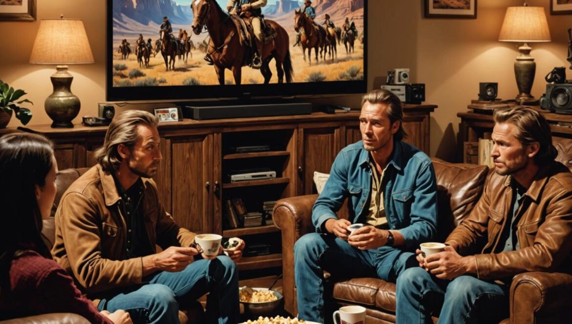 ¿Vuelve Winnetou? El regreso polémico de los westerns alemanes que marcaron a Europa A modern living room at night, a large flat-screen TV showing a classic Western film with iconic characters like Winnetou and Old Shatterhand riding horses in rugged landscapes, photorealistic editorial style, warm cozy lighting, popcorn bowls on a coffee table, a diverse group of friends watching intently, main action centered and in sharp focus, subtle movie posters of old Westerns on the wall.