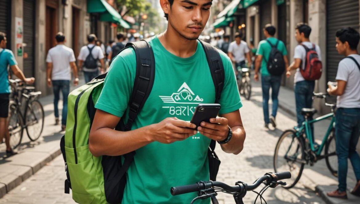 Un domingo que lo cambia todo: la reforma que da derechos históricos a repartidores de Uber, Didi y Rappi en México A young Mexican delivery worker, wearing a branded backpack (Uber Eats or Rappi), checking their phone next to a bicycle in a bustling Mexico City street. Editorial, photorealistic style, clear daylight with soft shadows, centered focus on the worker's thoughtful expression. Modern city life in the background—traffic, pedestrians, and subtle hints of app logos. The main subject is sharply focused and perfectly centered for an engaging magazine cover look.