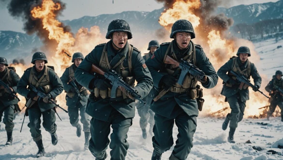 El bombazo chino que aplastó a Hollywood: ¿propaganda o cine bélico legendario? A dramatic scene from 'The Battle at Lake Changjin', photorealistic editorial style, a group of Chinese soldiers in winter uniforms charge forward across a snowy battlefield, intense expressions, explosions and military equipment in the background, cold bluish lighting, main soldier centered and in sharp focus, cinematic atmosphere.