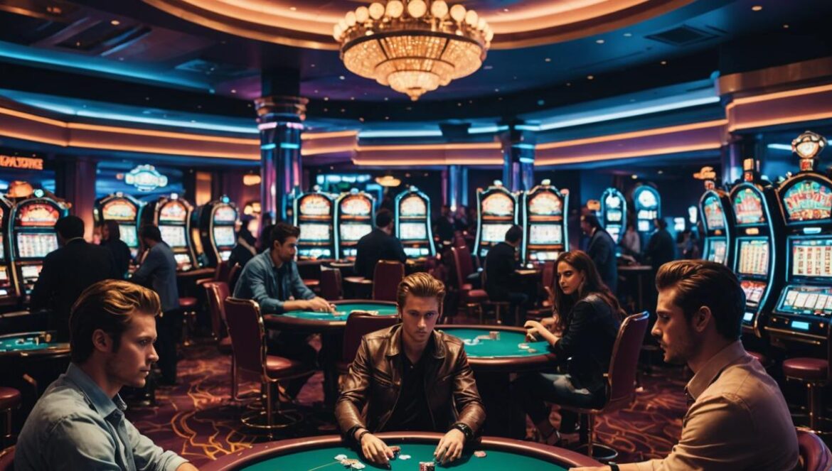 ¿Casino en GTA 6? La jugada más ambiciosa (y polémica) de Rockstar A photorealistic, editorial-style image of a vibrant luxury casino interior in a video game setting, centered on a group of diverse young gamers intently playing at a high-stakes poker table, neon lights reflecting off polished surfaces, NPC dealers with expressive faces, and futuristic slot machines in the background. Mood is energetic yet suspenseful. The main subject—the intense poker game and characters—must be sharply focused at the center with a clean, immersive atmosphere.