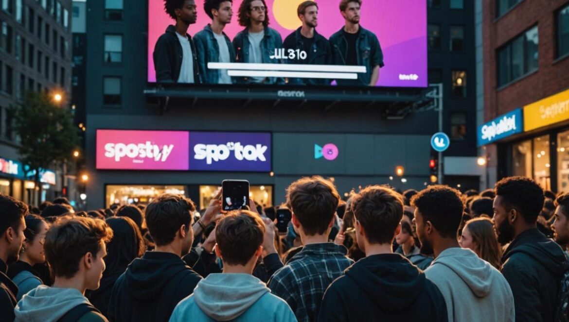 El Hot 100 ya no cambia: ¿música estancada o algoritmo culpable? A group of young, diverse music fans in their twenties, staring at a large digital Billboard Hot 100 chart displayed on a modern urban wall, photorealistic editorial style, early evening with city lights, expressions of confusion and curiosity, some fans holding smartphones open to Spotify and TikTok apps, main chart screen well-centered and in sharp focus, clean urban background.