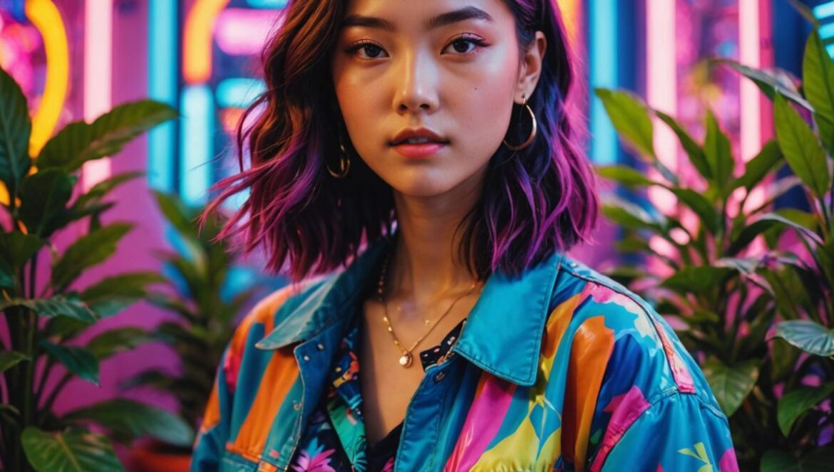 La moda K-pop “quirky”: cómo el estilo excéntrico coreano conquistó TikTok y ahora reinventa tu clóset A fashionable young woman inspired by K-pop style, wearing bold quirky clothing with vibrant patterns and oversized accessories, playfully posing in front of a colorful background filled with neon lights and plants, photorealistic editorial style, energetic mood, well-lit scene with the subject sharply centered and in focus.