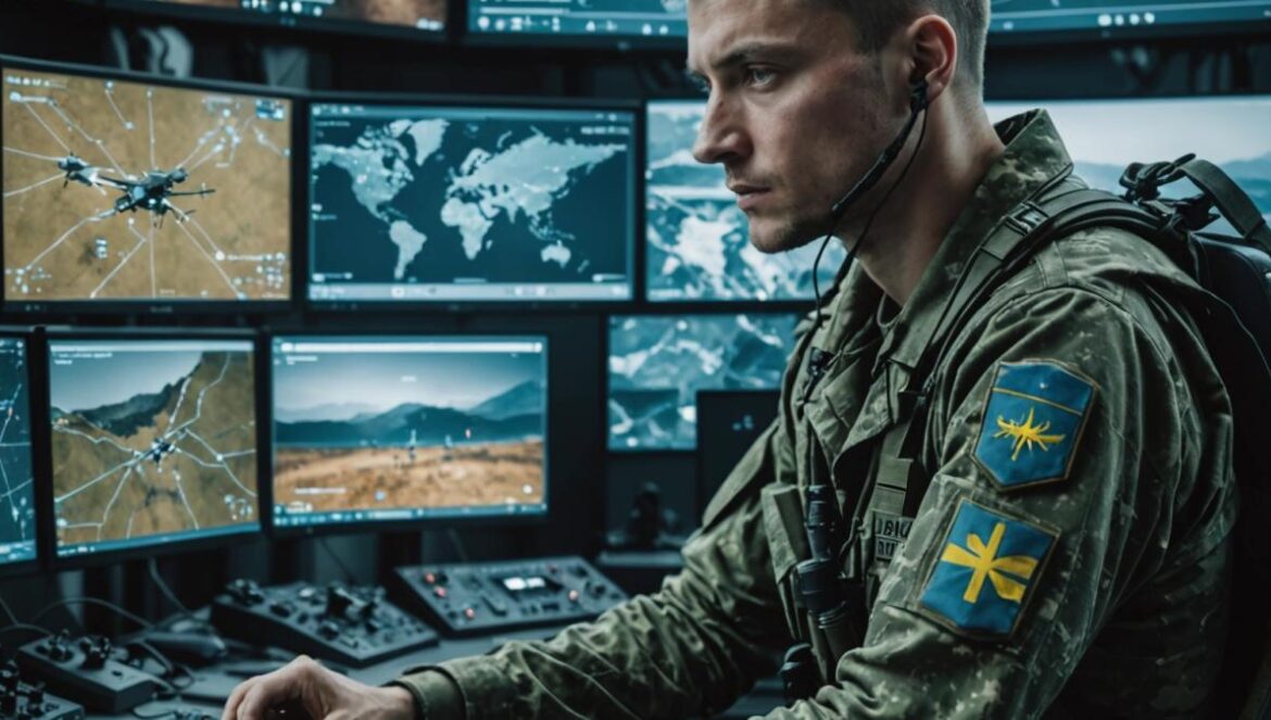 De Call of Duty al frente real: Ucrania gamifica la guerra y pone precio a los operadores de drones A Ukrainian soldier sitting at a digital command center filled with monitors displaying drone footage and digital maps, surrounded by military gear and tech gadgets, photorealistic editorial style, cool-toned lighting, focused on the soldier’s intense expression as he checks a leaderboard-style interface similar to a video game, main subject centered and in sharp focus, background showing subtle hints of battlefield chaos outside a window.