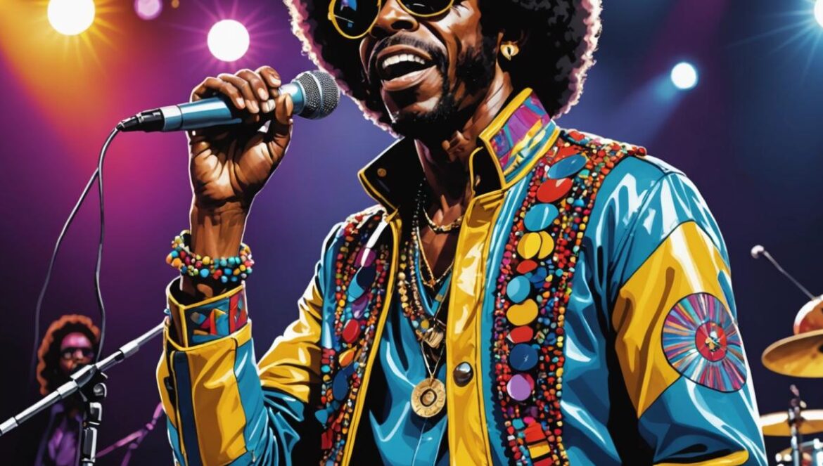 A photorealistic editorial-style portrait of Sly Stone performing live on stage in the 1970s, center-focused. He is wearing vibrant, eclectic clothing with a signature afro and sunglasses, holding a microphone passionately. The stage features colorful spotlights and a diverse band in the background playing instruments. The mood is electric and joyful, capturing the energy of a legendary funk concert. Main subject (Sly Stone) is sharply in focus at the center, background musicians slightly blurred but visible for context.