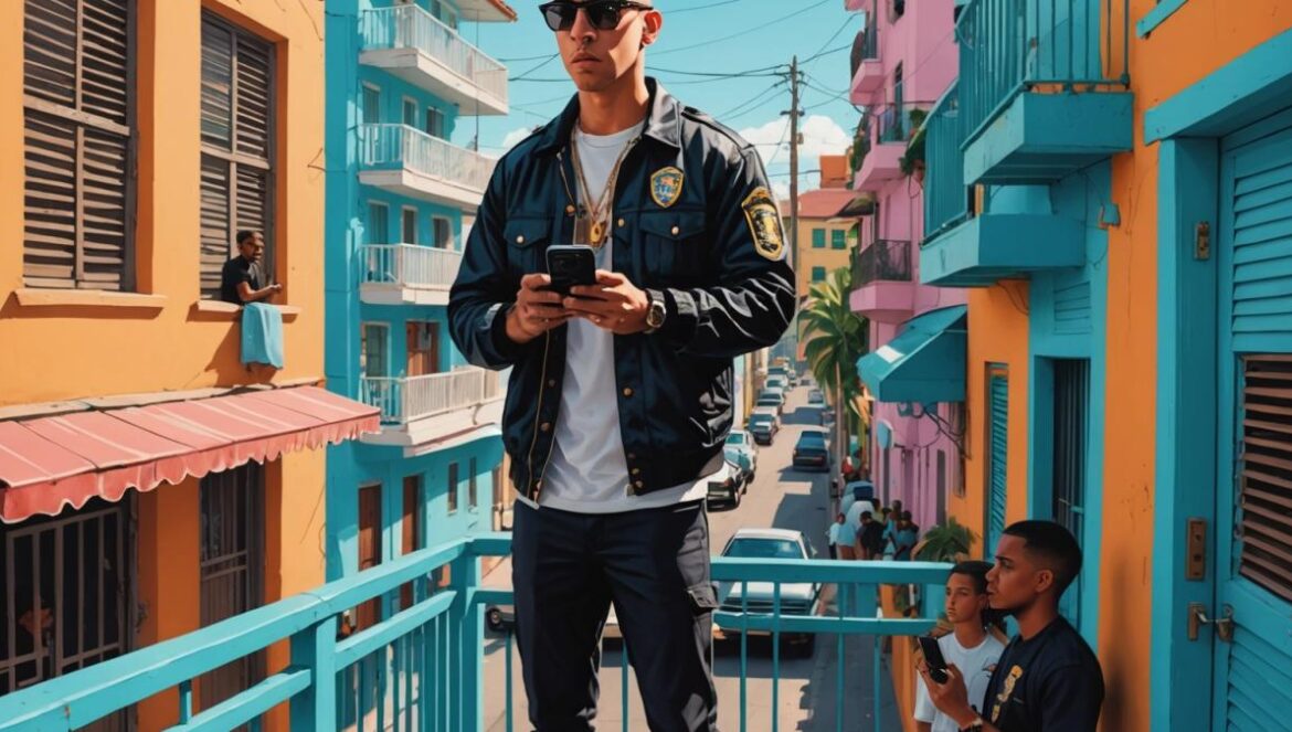 Bad Bunny contra ICE en Puerto Rico: el vídeo que encendió el debate sobre inmigración Bad Bunny standing at a balcony in a vibrant Puerto Rican neighborhood, holding his phone and filming an ICE raid below, photorealistic editorial style, tense mood with concerned bystanders watching, visible unmarked cars and uniformed officers in focus, bright Caribbean daylight, main subject (Bad Bunny) centered and clearly in sharp focus.