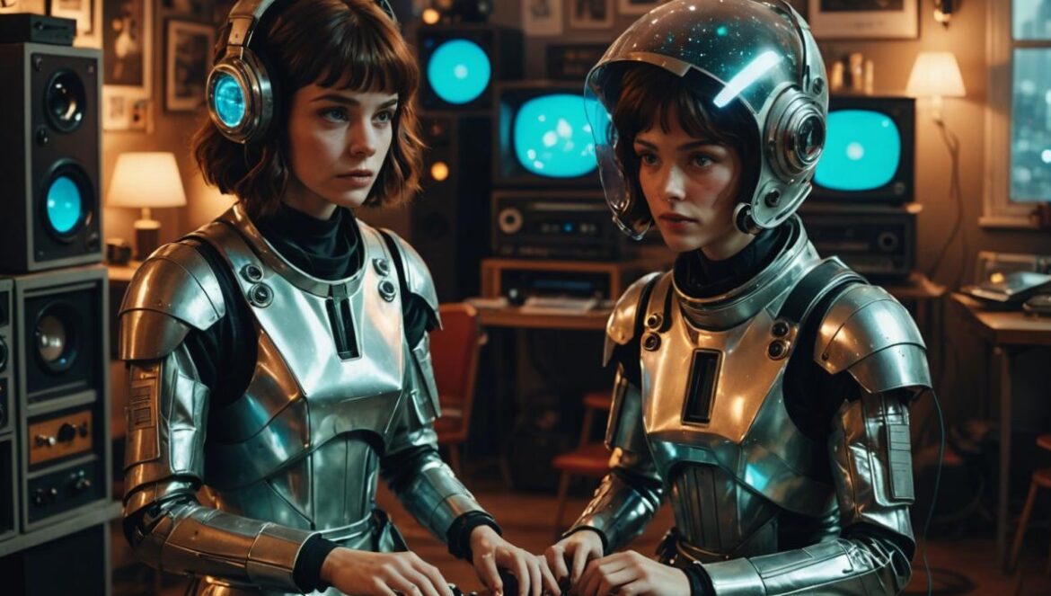 ‘Lost in Starlight’: el romance animado que habla de duelo, amor y memoria digital Two animated characters, a young woman in a futuristic spacesuit with a cracked helmet and a man surrounded by vintage record players and old televisions, photorealistic editorial style, set inside a softly lit futuristic apartment with holographic projections and handwritten notes on the table, main subjects well-centered and in sharp focus, evoking both nostalgia and high-tech ambiance.