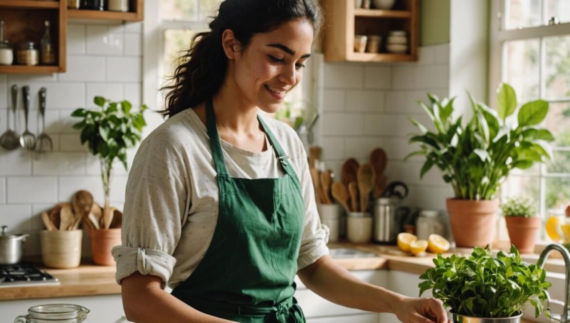 Más allá del insecticida: por qué las cucarachas siguen entrando aunque limpies todo A young Latina woman in a cozy, plant-filled Buenos Aires kitchen, preparing a natural cleaning solution with lemons, garlic, and baking soda on the counter, photorealistic editorial style, bright morning light streaming through open windows, clear focus on the woman mixing ingredients with a relaxed smile, vibrant green plants and neatly organized kitchen tools in the background, main subject centered and sharply in focus.