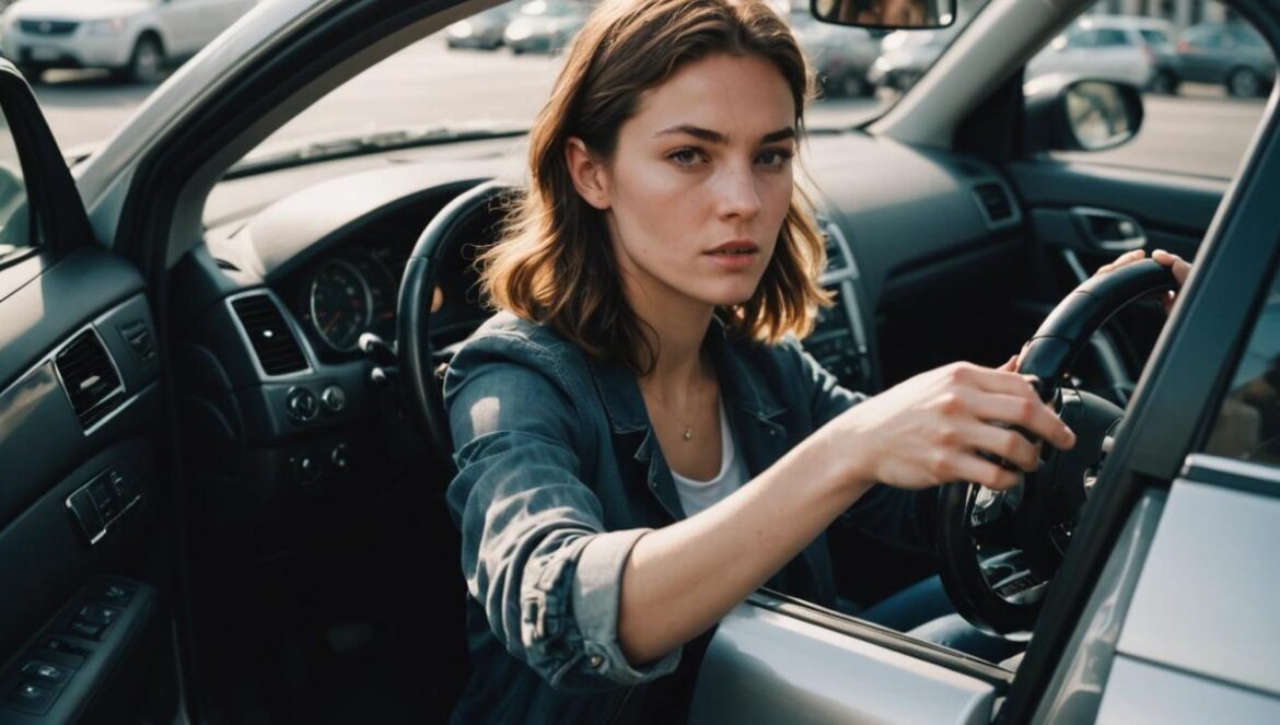 ¿Por qué bajamos la música al estacionar? El truco mental que tu cerebro hace sin avisarte A young woman inside a modern car, turning down the radio volume with one hand while carefully maneuvering into a parking space, photorealistic editorial style, bright daylight coming through the windows, the city visible outside, focus on her concentrated expression and hand on the radio dial, main subject well-centered and in sharp focus.