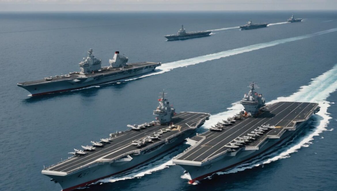 Japón encuentra tierras raras bajo el mar… y China responde con portaaviones A dramatic aerial view of two Chinese aircraft carriers near the remote Japanese island of Minamitori, photorealistic editorial style, central focus on the massive carriers with support vessels nearby, deep blue ocean, overcast sky, subtle Japanese coast guard ship in the background, tense and dynamic atmosphere, main subjects centered and sharply in focus.