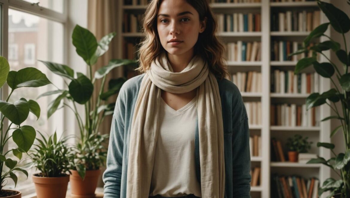 Camille Cerf, un cuello «demasiado ancho» y la tiranía invisible de los cánones A young woman with natural curves, standing confidently in a modern apartment filled with plants and books, photorealistic editorial style, warm daylight through large windows, subtle fashion elements like a draped scarf and comfortable clothes, main subject well-centered and in sharp focus, background includes a shelf of personal development books and soft lighting from candles.