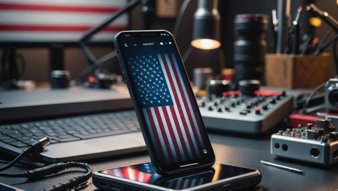 Liberty Phone y el sueño americano del smartphone: ¿privacidad total o espejismo de $2,000 sin WhatsApp? A modern smartphone with an American flag background, placed on a sleek tech workbench, photorealistic editorial style, dramatic lighting highlighting the device's build, visible circuit components and manufacturing tools nearby, main subject perfectly centered and sharply in focus, minimalistic studio setting conveying innovation but also tension.
