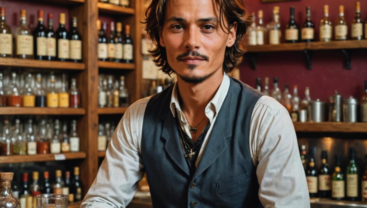 Jack Depp: el hijo de Johnny que eligió servir falafel en París antes que la alfombra roja A young man with subtle resemblance to Johnny Depp, dressed casually, working behind the bar of a cozy Lebanese restaurant in Paris. Photorealistic editorial style, warm lighting, shelves with Middle Eastern spices and colorful plates in the background, main subject well-centered and in sharp focus, giving a genuine smile while serving drinks. Urban chic vibe, subtle touches of bohemian Parisian decor.