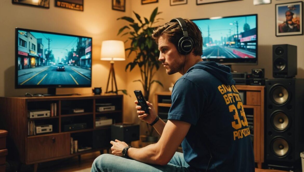GTA San Andreas Mobile: ¿Vale la pena la última actualización o es solo nostalgia? A modern gamer sitting in a cozy apartment surrounded by retro and modern consoles, playing GTA San Andreas on a smartphone, photorealistic editorial style, warm lighting, clear focus on the phone displaying the game's classic interface, vibrant colors and visible nostalgic gaming posters in the background, main subject centered and in sharp focus.
