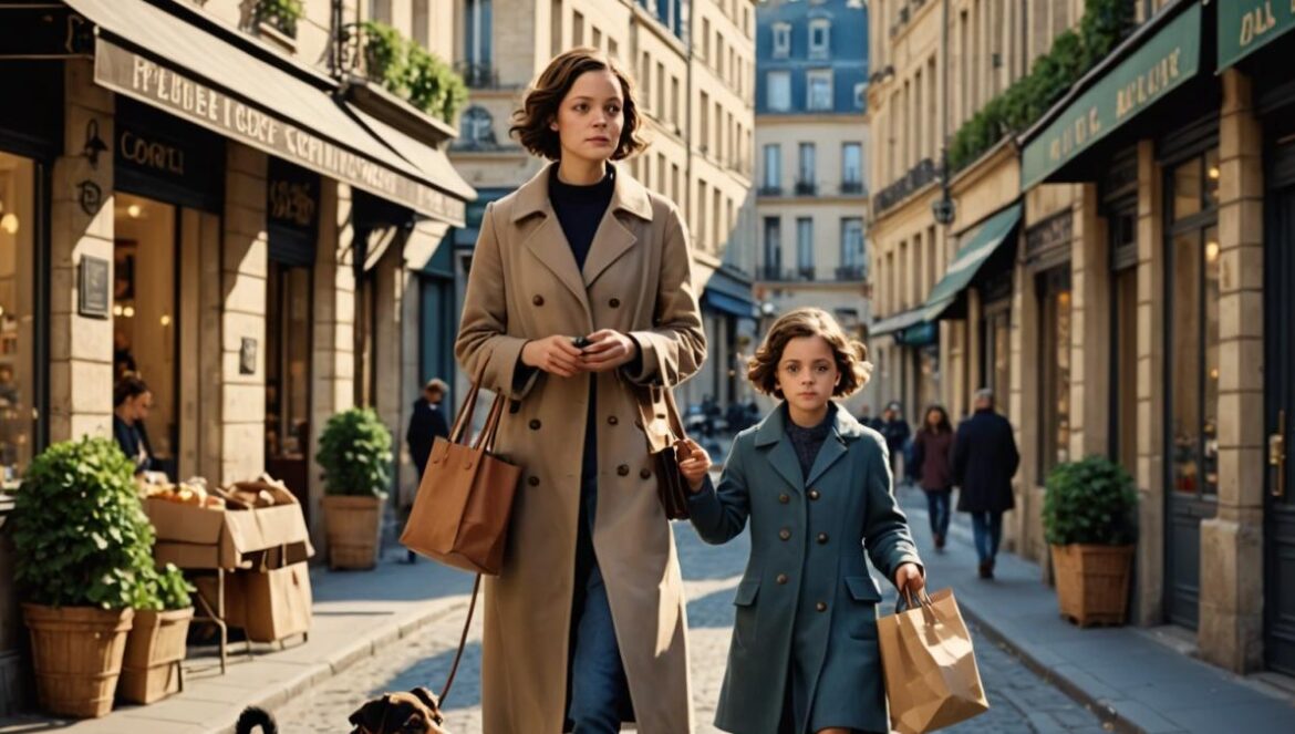 Marion Cotillard: de niña perdida en París al Oscar que cambió el cine francés A young Marion Cotillard in 1982, walking with a small dog on the quiet streets of Paris, early morning light, editorial photorealistic style. The scene feels nostalgic and cinematic, with classic French architecture in the background. Main subject (a little girl with expressive eyes and short brown hair) is well-centered and in sharp focus, holding a shopping bag, conveying innocence and curiosity.
