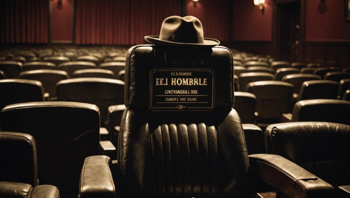 El villano más letal del cine… que casi nadie recuerda A photorealistic editorial-style image centered on a classic cinema seat with an old film reel labeled 'El Hombre Invisible', in a dimly-lit, vintage theater. The atmosphere is mysterious and tense, with shadows hinting at an invisible presence. On the seat, there's a fedora hat and round glasses floating mid-air, clearly in focus. The background shows faded horror movie posters and retro decor for an authentic, nostalgic mood.