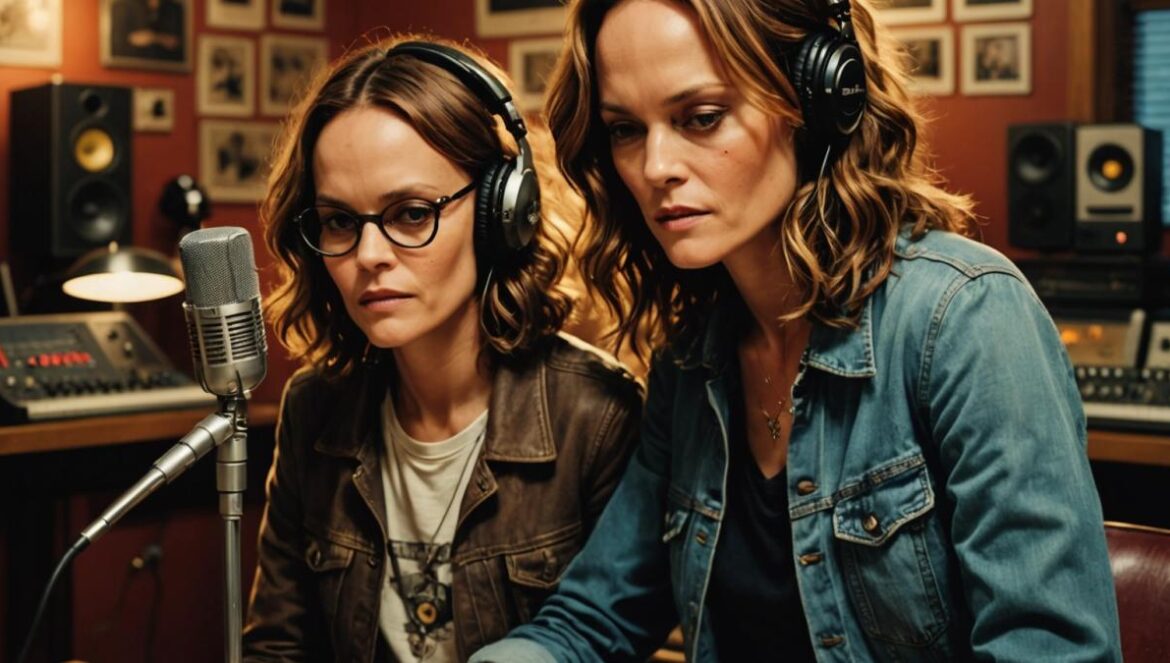 Vanessa Paradis and her son Jack Depp in a recording studio, photorealistic editorial style, warm ambient lighting, both wearing casual stylish clothing, surrounded by vintage microphones, vinyl records and handwritten song lyrics on a table, main subjects well-centered and sharply in focus with a cozy creative atmosphere.