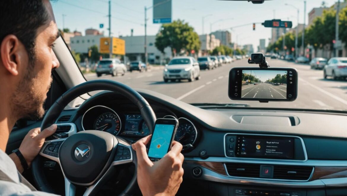 ¿Waze realmente te salva de multas? El dato que pocos conocen A young Latino driver inside a modern car, holding a smartphone with Waze open, photorealistic editorial style, focused expression, city street visible through the windshield, dashboard displaying speed limit alerts, sunlight streaming in, main subject well-centered and in sharp focus, clean interior background with subtle tech gadgets.