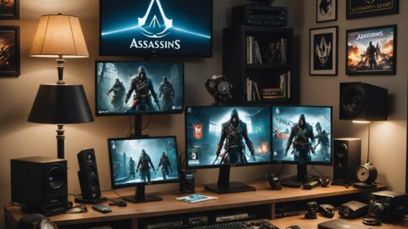 A serious, editorial-style photo of a modern gaming workspace with vintage and current Ubisoft game memorabilia (Assassin's Creed, Rainbow Six, Far Cry), a well-lit desk with multiple screens showing iconic Ubisoft titles, centered in a sleek apartment filled with retro and new consoles. Moody yet hopeful lighting, main subject—the workspace—clearly centered and in sharp focus, capturing both nostalgia and anticipation for the future.