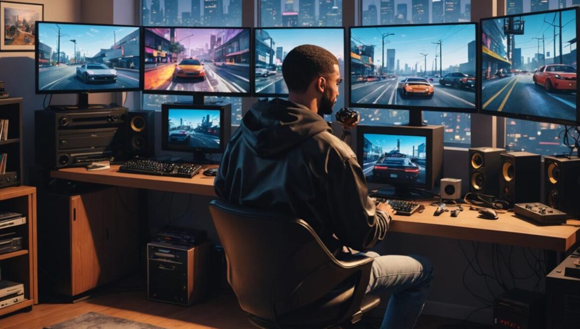 ¿Drake con su propia radio en GTA 6? Así se revoluciona la música en los videojuegos A photorealistic editorial image of a young man in a modern apartment, surrounded by retro and next-gen gaming consoles, sitting at his desk playing GTA 6 on a large screen. In the game, the player character is inside a car with a vibrant city outside the window, and the in-game radio display shows 'Drake FM' with music notes. The scene is well-lit, dynamic, and energetic, with posters of hip-hop artists and video game art on the walls. The main subject (the gamer) is centered and in sharp focus, headphones around his neck and an excited expression.