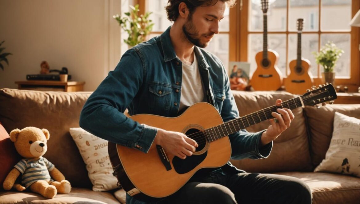 Entre deux biberons, Gauvain Sers revela su paternidad… ¡con una canción que nadie esperaba! A French singer-songwriter (Gauvain Sers) seated in a cozy living room, holding his newborn baby gently in one arm while strumming a guitar with the other hand, photorealistic editorial style, warm afternoon lighting through a window, visible baby toys and sheet music scattered around, main subject clearly centered and in sharp focus, intimate family atmosphere.
