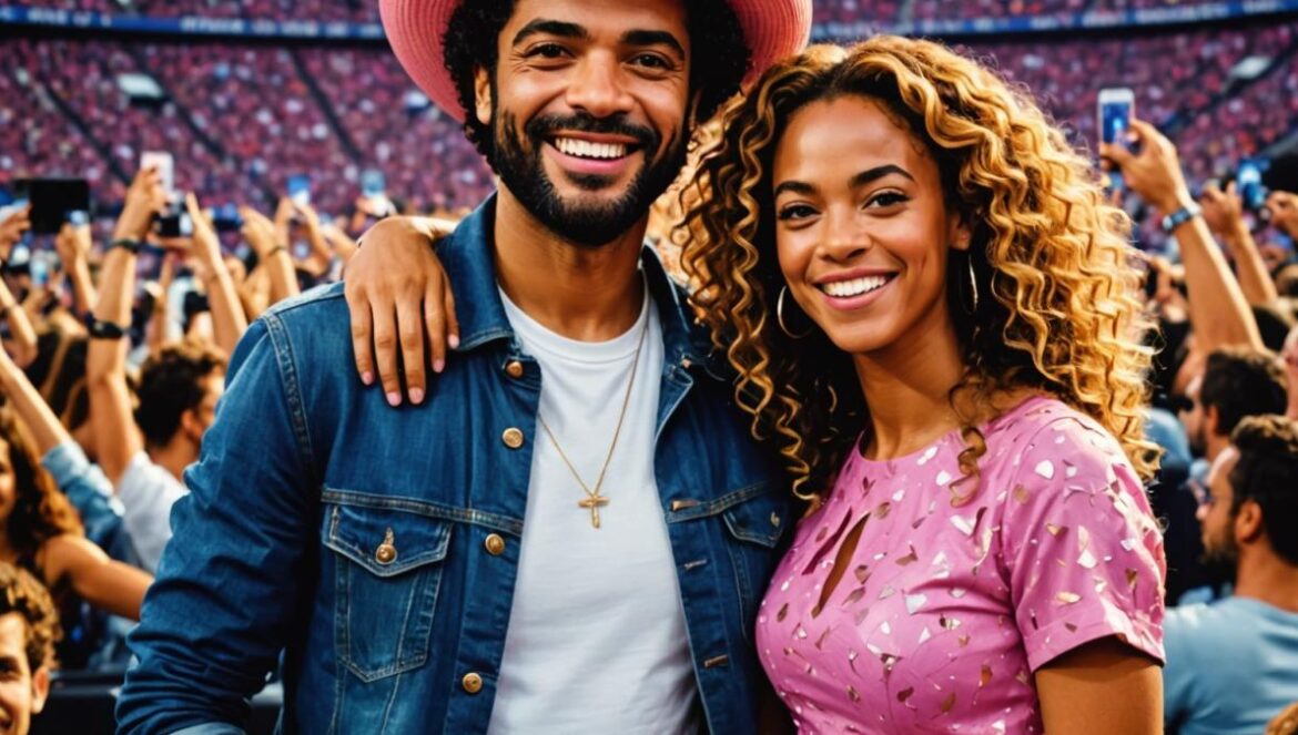 Beyoncé revienta París: Cowboy Carter Tour con Jamel Debbouze y sorpresas históricas A famous French comedian, Jamel Debbouze, and his teenage daughter, both center-focused, enjoying an epic Beyoncé concert at Stade de France. Editorial photorealistic style, vibrant lights illuminating the stadium crowd, both smiling and wearing concert-appropriate outfits—his daughter with a pink cowboy hat. Lively, joyful mood with the concert stage subtly visible in the background. Main subjects sharp and clearly centered.