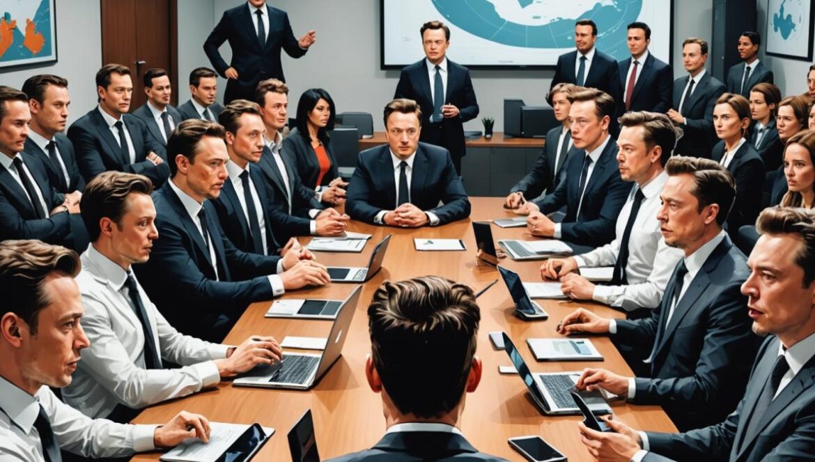 Elon Musk y el mito del CEO infatigable: ¿show o liderazgo real? A photorealistic editorial-style image of a modern office boardroom at Tesla headquarters, with Elon Musk centered and seated at the main table, looking distractedly at multiple devices (smartphone, tablet, laptop) while business documents are spread around him. Around him, a group of diverse investors and executives exchange concerned glances. The mood is tense but professional, with bright neutral lighting and sleek technology details visible. The main subject (Musk) is clearly centered and in sharp focus; background elements are minimal and clean.
