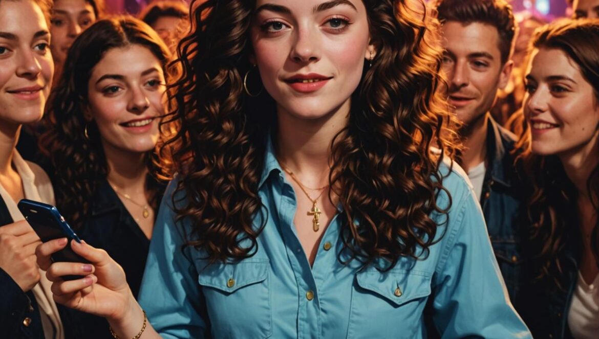 Lorde rompe esquemas en Brooklyn: estreno secreto de Virgin, live por TikTok y un mechero viral que enciende al fandom global Lorde at the center of a small, lively crowd in Baby’s All Right, Williamsburg. She is lip syncing and dancing with diverse fans, holding a neon-colored 'Virgin' album lighter. Editorial, photorealistic style with warm club lighting, soft focus background and clear details on Lorde’s expressive face and fashionable outfit. Energetic, youthful vibe with fans smiling and filming her with their smartphones. Main subject (Lorde) perfectly centered and in sharp focus.