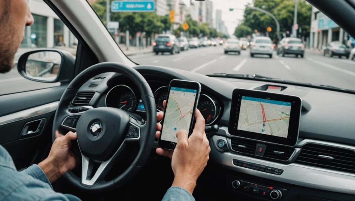 ¿Apps como Waze te ayudan o te meten en líos? Lo que no te cuentan sobre las multas y radares A young Latin American driver inside a modern car, looking at his smartphone mounted on the dashboard with the Waze app open, speedometer and radar icons visible on the screen. Photorealistic editorial style, bright daylight, main subject centered and in sharp focus, city street scene through the window, subtle tension on the driver's face, clean and professional composition.