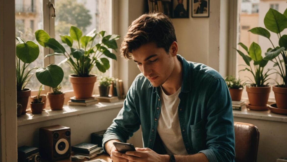 Aaron Bartoli-Nucci: el hijo de Jenifer que redefine lo que significa familia en 2025 A young man in his early twenties, casually dressed, sitting in a cozy, plant-filled apartment in Buenos Aires, looking at old family photos on his phone with a gentle smile. Editorial photorealistic style, warm afternoon light streaming through the window, soft shadows, a few personal objects (books about music and football) around him. The main subject is centered and in sharp focus; background clean but inviting.