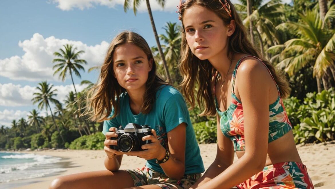 Lilo & Stitch live-action: ¿dónde quedó la magia y el discurso anticolonial? A photorealistic editorial-style image of two sisters, one a teenager with surf gear and the other a younger girl with a camera, sitting on a sunny Hawaiian beach. The background shows distant tourists in colorful clothes and lush palm trees. The main subjects are centered, capturing a mix of nostalgia, responsibility, and loss. The mood is contemplative but hopeful, with vibrant natural lighting and clear details on the characters' faces.