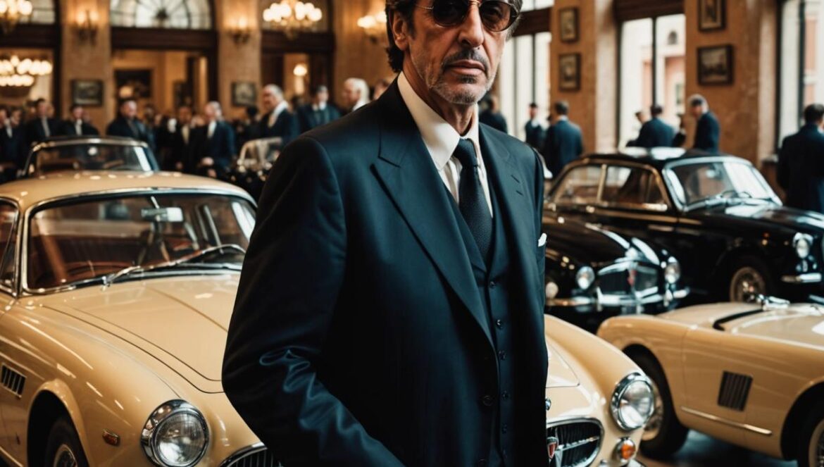Al Pacino resurge en Maserati: The Brothers: mito del cine al volante de la nostalgia italiana Al Pacino, elegant and charismatic at 85, stands in the center of a classic Maserati car showroom in Rome, surrounded by vintage luxury cars and film cameras. Photorealistic editorial style, warm cinematic lighting, Italian art deco details in the background, main subject well-centered and in sharp focus, vibrant atmosphere blending old Hollywood glamour with modern film production energy.