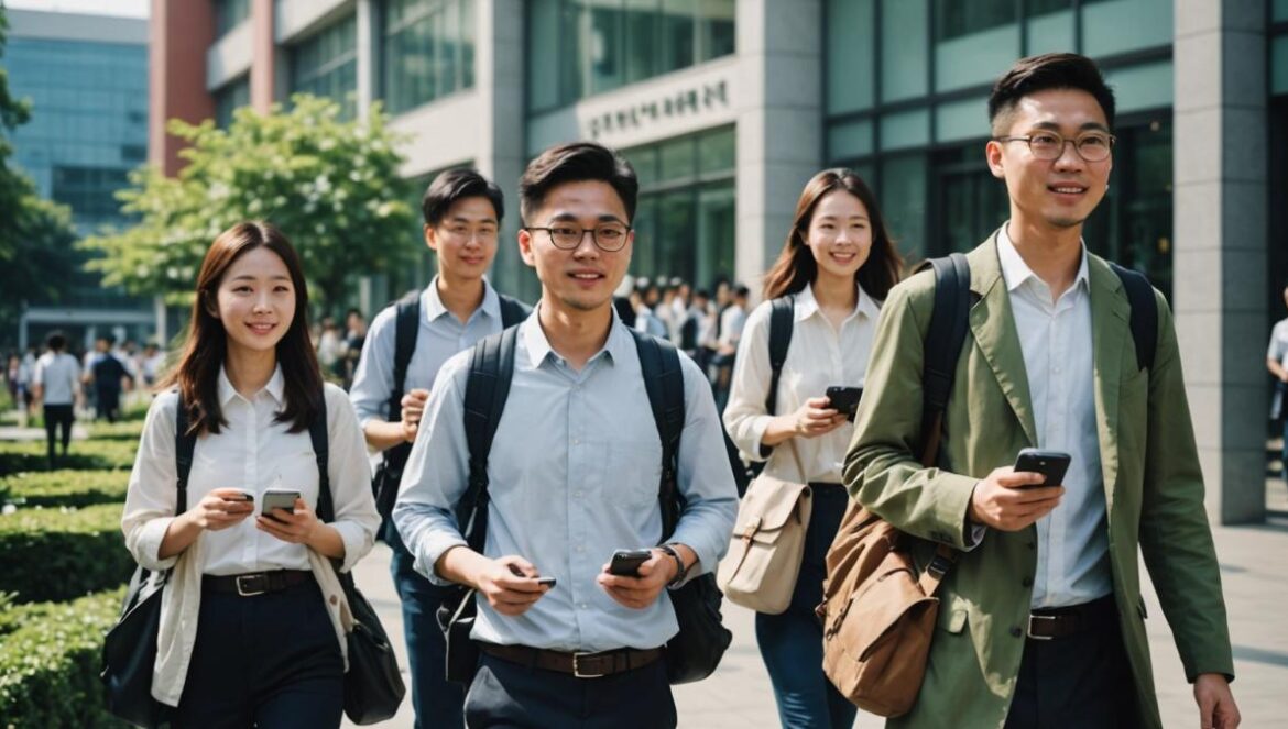 ¿Y si la clave del bienestar fuera media tarde libre cada semana? A group of young urban Chinese professionals exiting a modern office building on a sunny Friday afternoon, photorealistic editorial style, relaxed and joyful mood, cityscape of Mianyang with greenery in the background, well-dressed individuals chatting and smiling with smartphones and backpacks, main subjects centered and sharply focused, clean and contemporary environment.