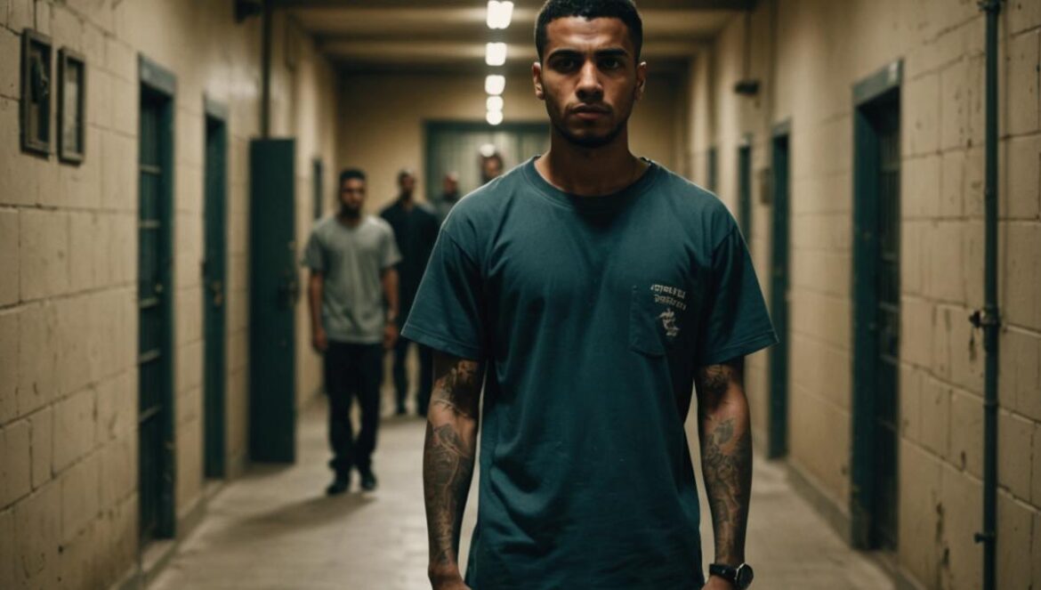 ‘Un profeta’: el thriller carcelario que rompió clichés y aún marca a una generación A young North African man standing at the center of a dimly lit prison corridor, tense and alert, with tattooed inmates in the background, gritty photorealistic editorial style, dramatic shadows highlighting the claustrophobic environment, intense atmosphere, main subject centered and in sharp focus, authentic French prison details.