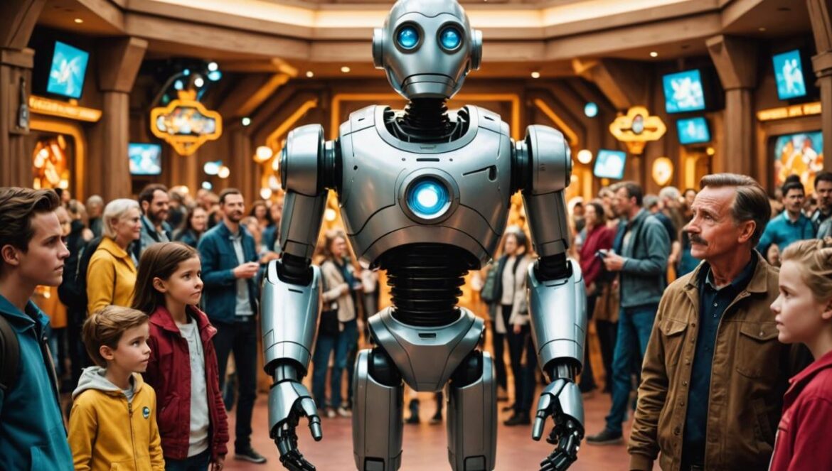 El Walt Disney animatrónico divide a fans y familia: ¿homenaje emotivo o simulacro inquietante? A center-focused, editorial-style photograph of a hyper-realistic animatronic figure resembling Walt Disney, standing in a futuristic theme park exhibition space. The robot is surrounded by intrigued visitors of all ages, some smiling, others looking contemplative. Warm, well-balanced lighting enhances the lifelike details of the animatronic's face and hands. In the background, there are subtle references to classic Disney iconography—Mickey ears, vintage posters—but the main subject remains sharply in focus at the center with a clean foreground.